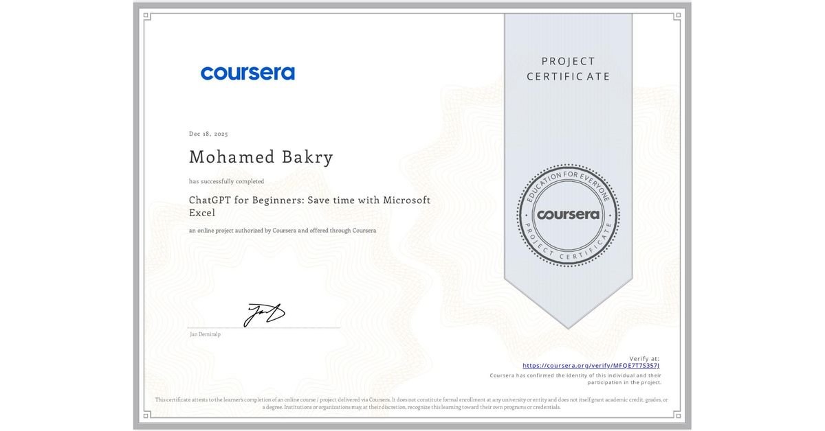 شهادة ChatGPT for Beginners: Save time with Microsoft Excel - Coursera